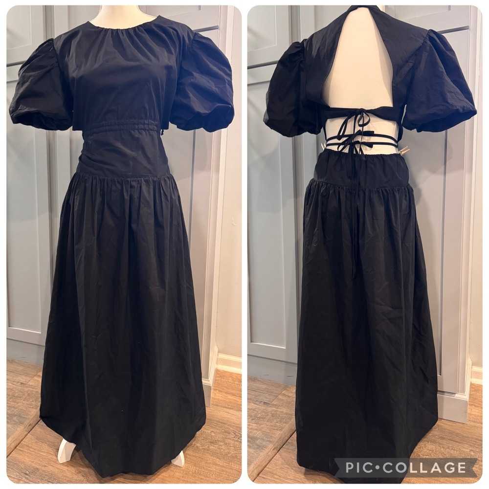 ASTR The Label Shelby Dress Black Puff Sleeve Open Back High Neck Maxi Large